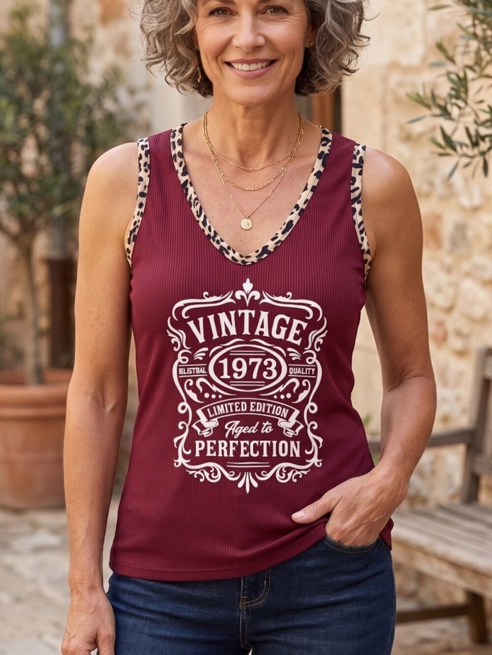 NWOT | Vintage 1973 Aged to Perfection Leopard Trim Ribbed Tank XL